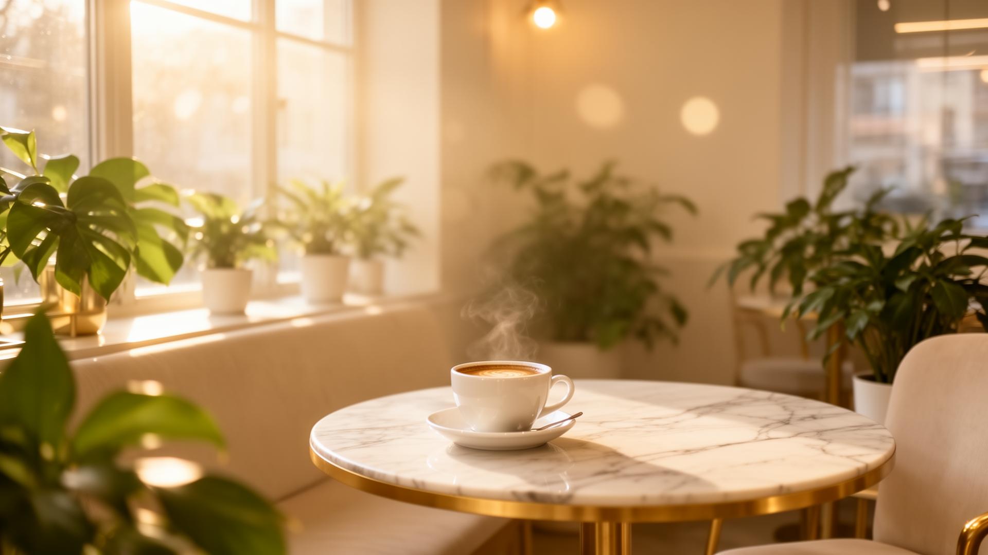 Coco Café interior with warm morning light and marble tables
